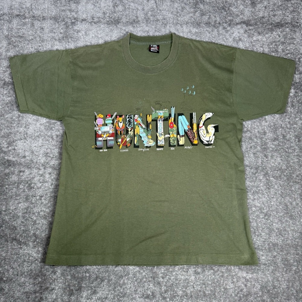 VTG Best Fruit Of The Loom T-Shirt Men's XL Green Hunting Spell Out Vaughan 1994